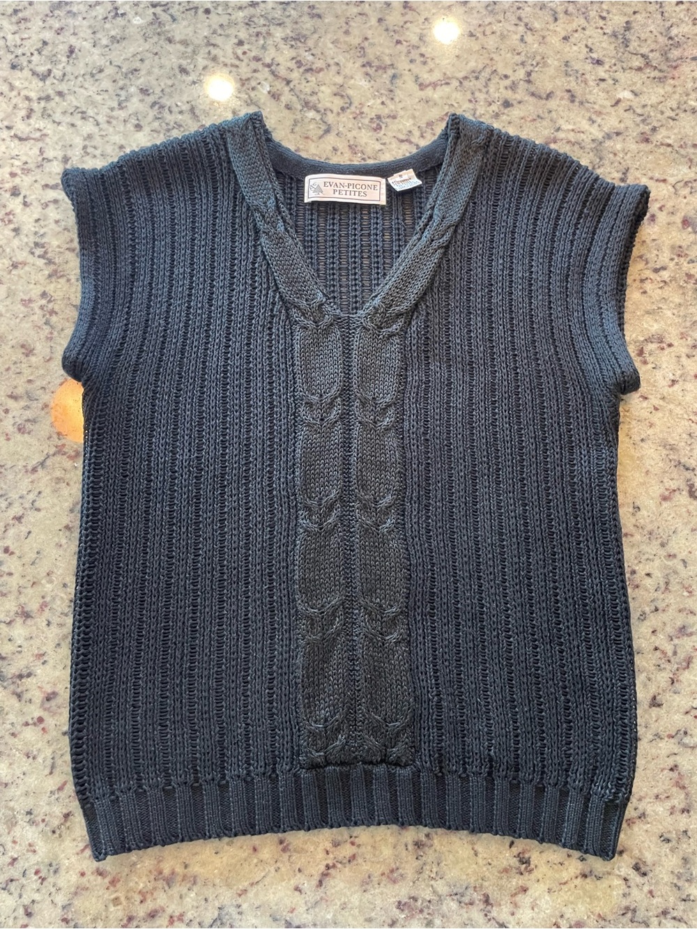 Evan Picone Black open Cable Knit V-Neck summer Ramie and cotton blend top S
